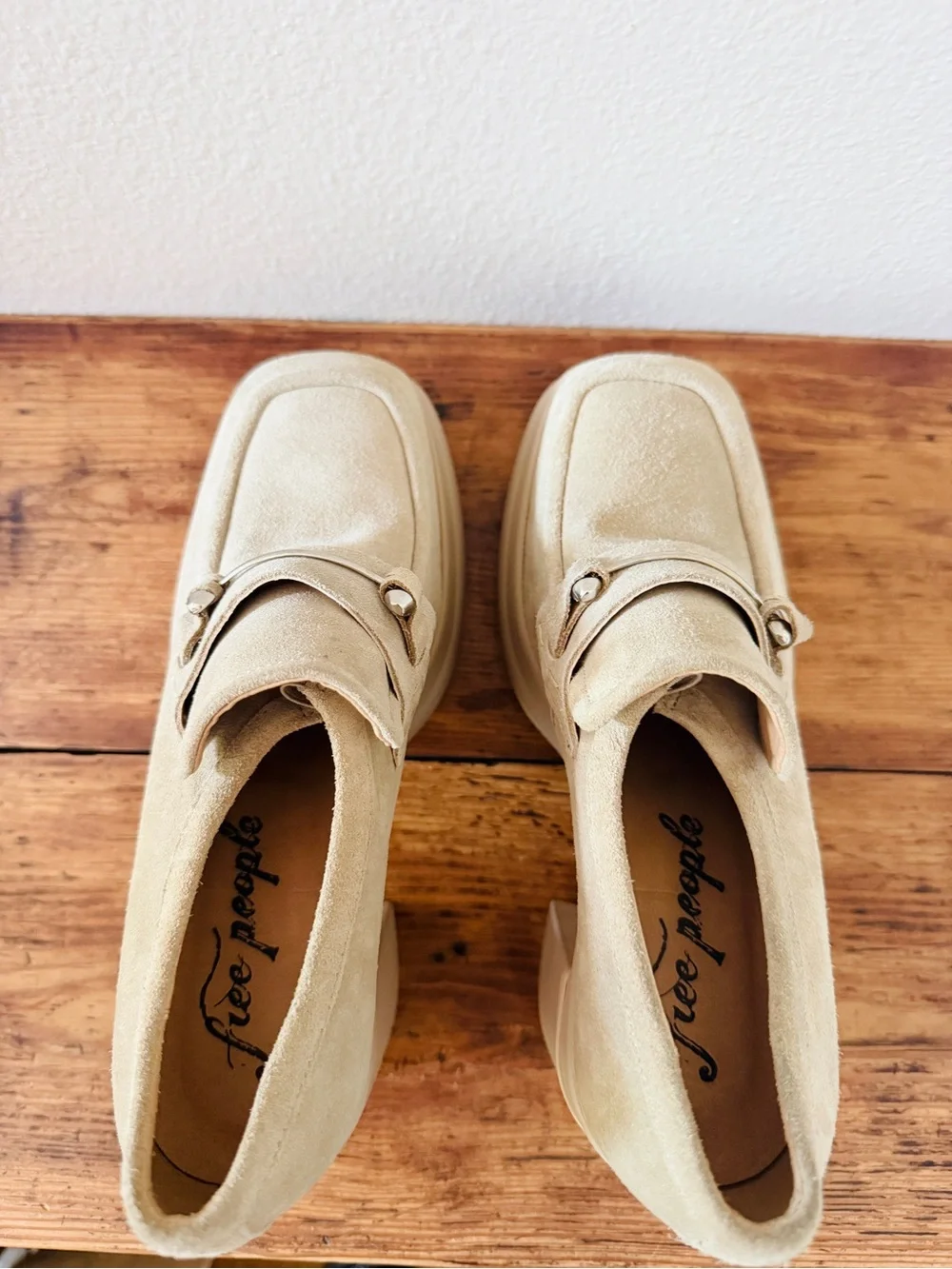 Free People Double Stacked Platform Loafers Tan Suede Horsebit Trim